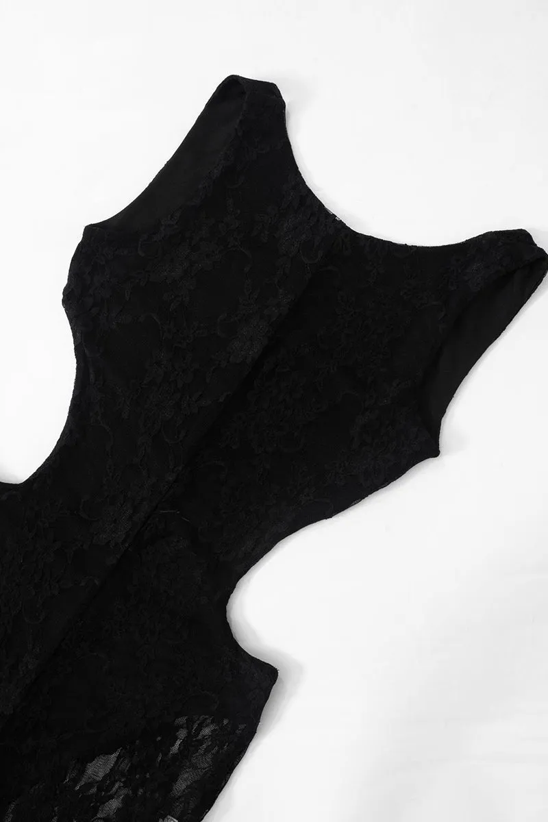 Round Neck Lace Panel Sleeveless Backless Bodycon Jumpsuit