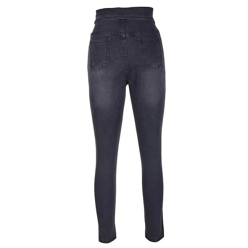Sexy Gray High Waist Button Skinny Pants