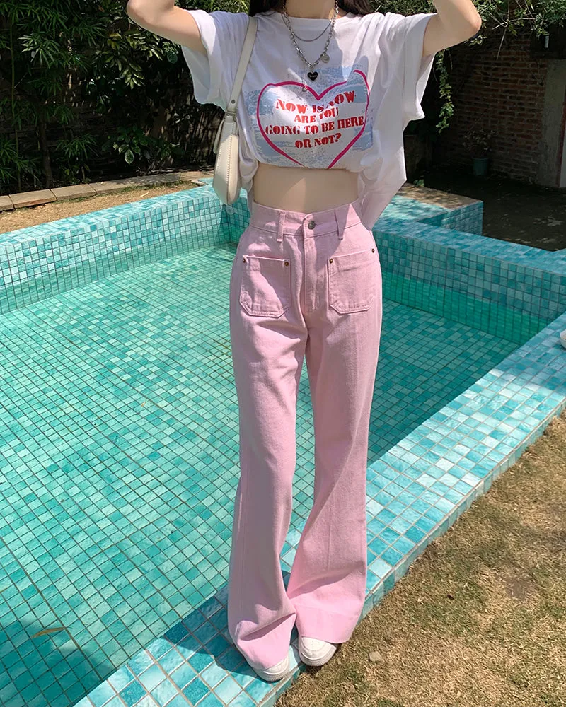 Sweet Pink High Waist Jeans Pants