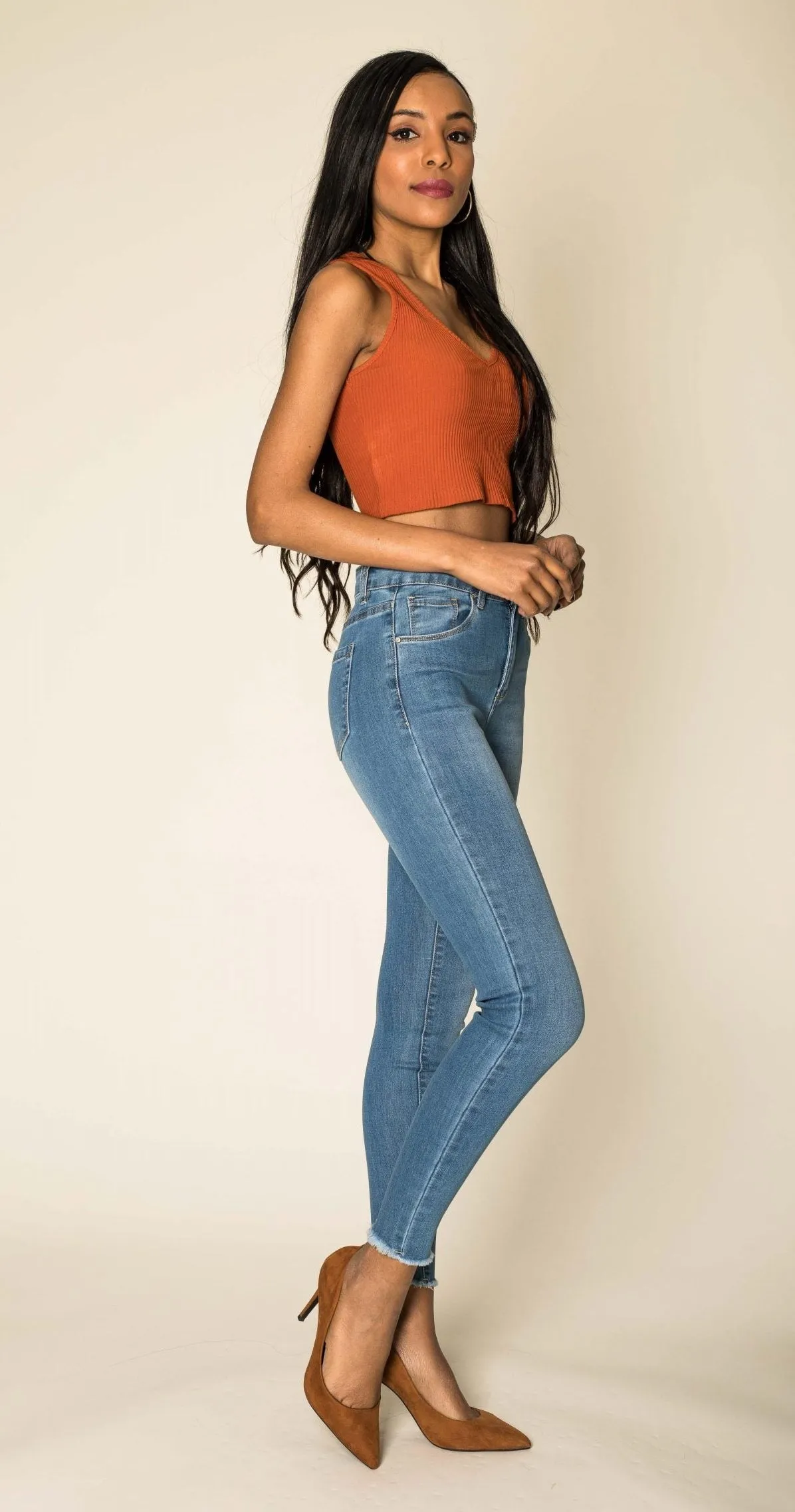 Wholesale Blue High Rise Frayed Bottom Leg Skinny Jeans with Stretch - NEW PACK