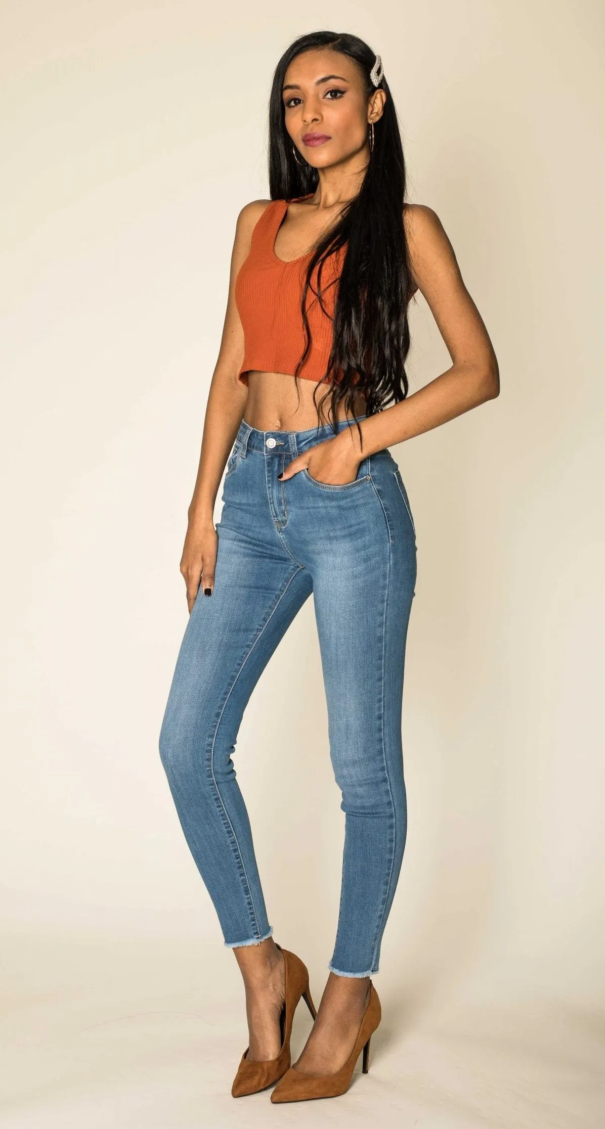 Wholesale Blue High Rise Frayed Bottom Leg Skinny Jeans with Stretch - NEW PACK
