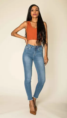 Wholesale Blue High Rise Frayed Bottom Leg Skinny Jeans with Stretch - NEW PACK