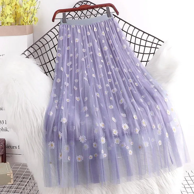 Women Floral Tulle Vintage Mesh Pleated Length Skirt
