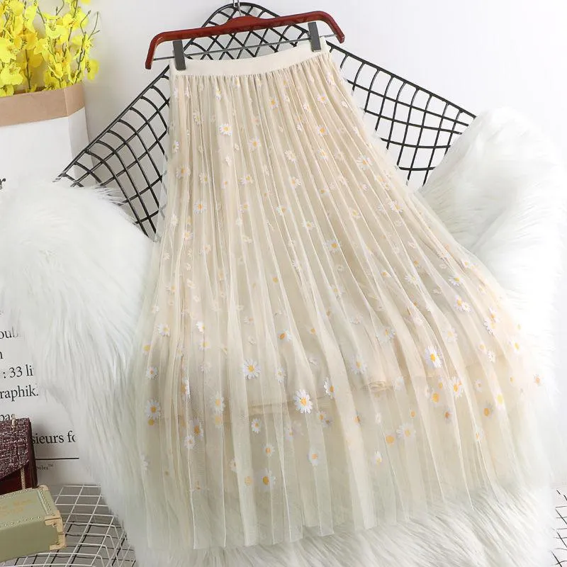 Women Floral Tulle Vintage Mesh Pleated Length Skirt