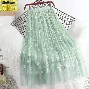 Women Floral Tulle Vintage Mesh Pleated Length Skirt