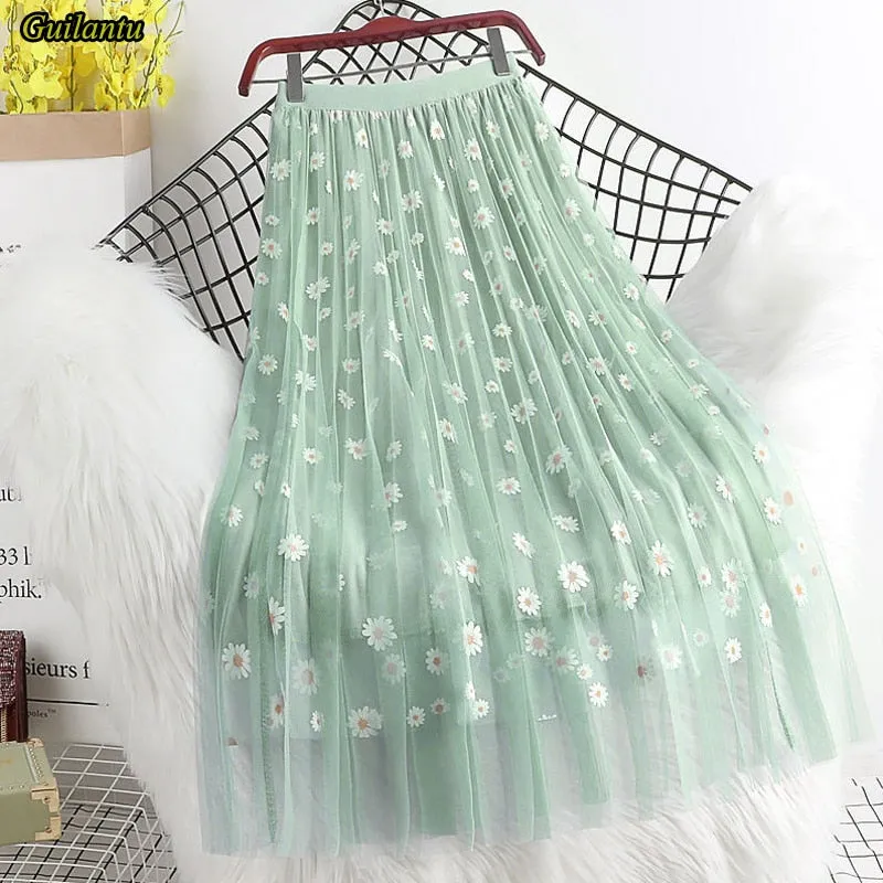 Women Floral Tulle Vintage Mesh Pleated Length Skirt