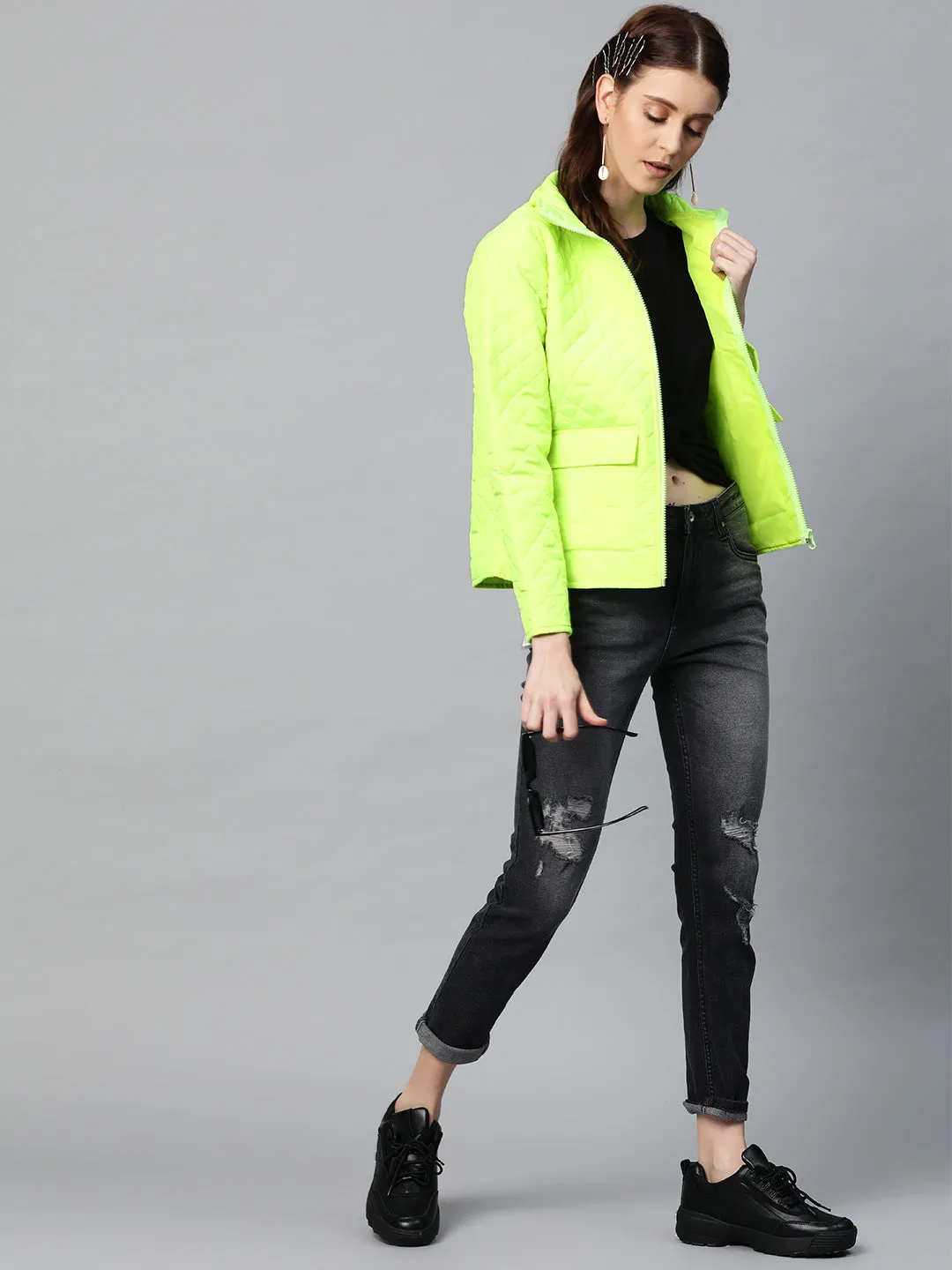 Women Neon Green Quilted Jacket