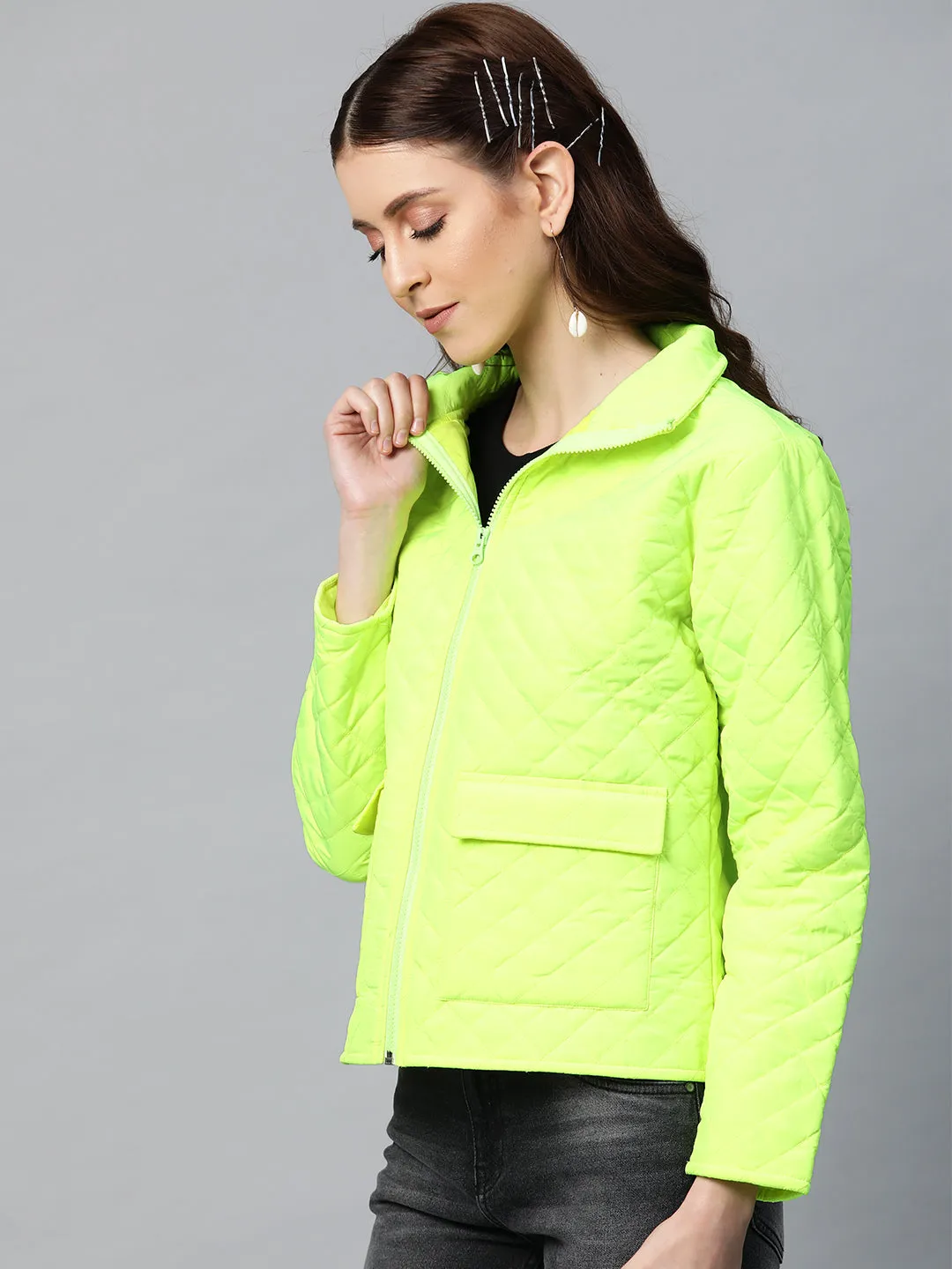 Women Neon Green Quilted Jacket