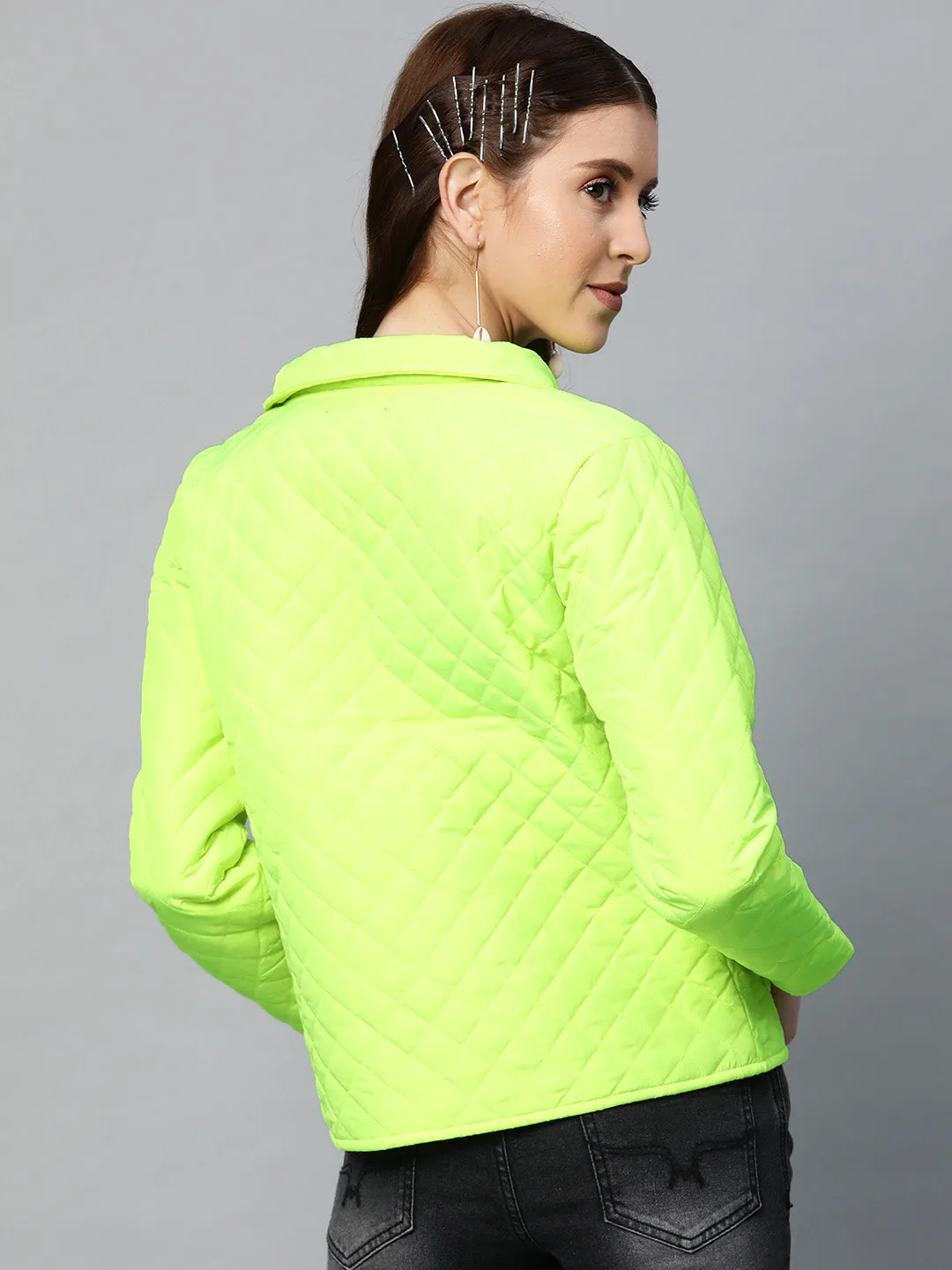Women Neon Green Quilted Jacket